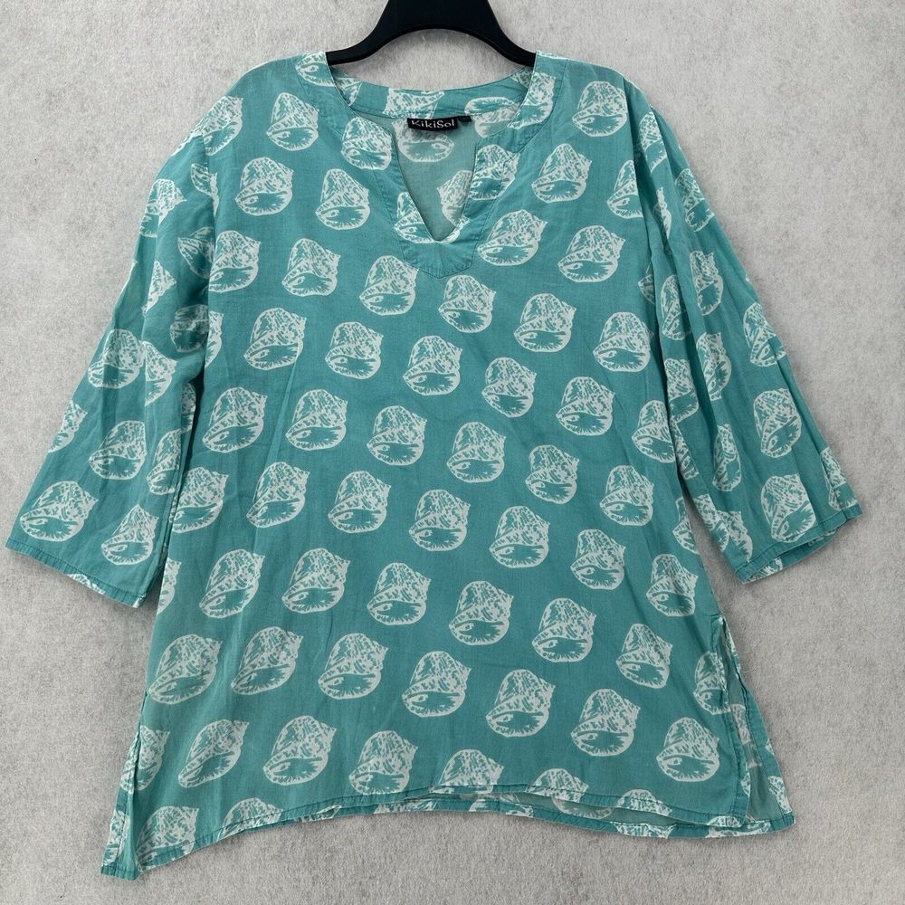 Kikisol Top LARGE‎ Tunic Dress Conch Shell Cotton Resort Vacation Beach Teal